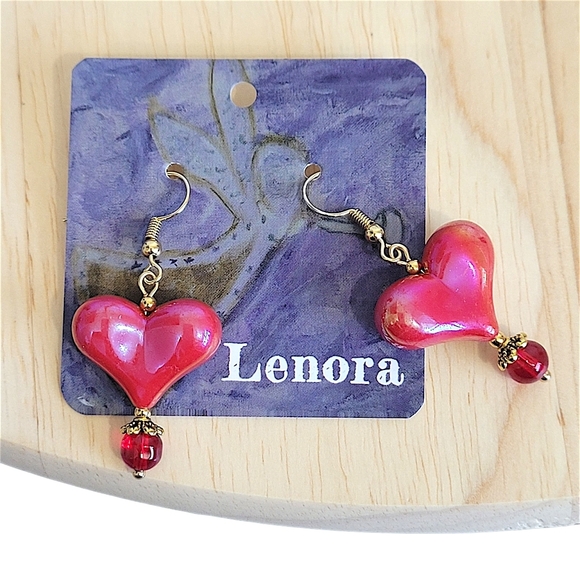 Hand Crafted Jewelry - Hand Crafted Red Heart Earrings Approx 1⅞" Long Super Lightweight Gold Tone
